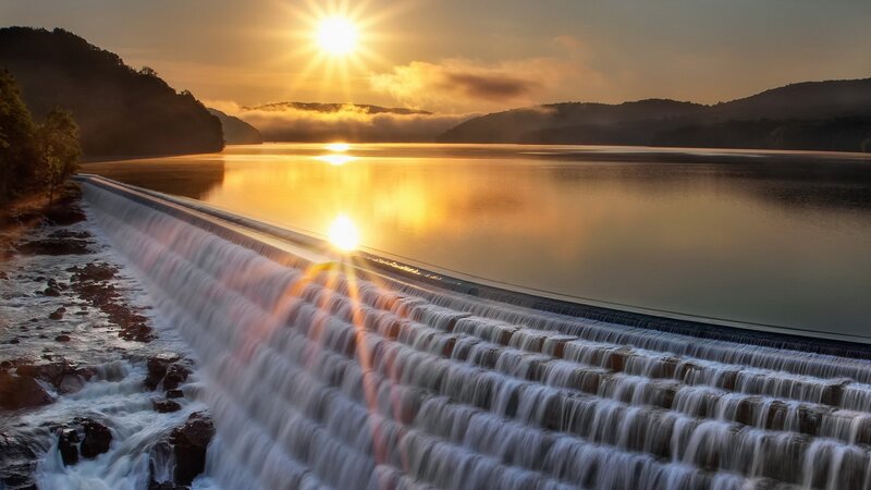 Dam with Waterfall — Gold, Serene, Sunset, Photograph, Sun