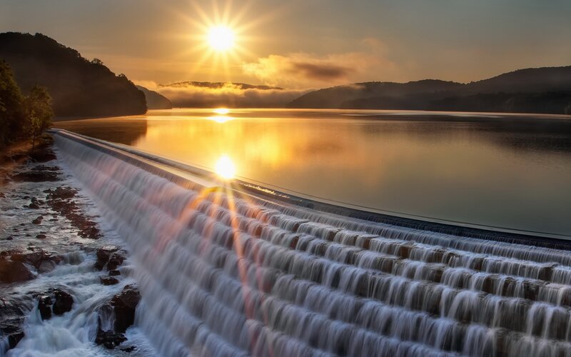 Dam with Waterfall — Gold, Serene, Sunset, Photograph