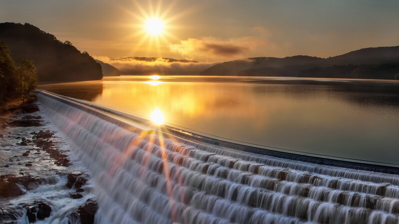 Dam with Waterfall — Gold, Serene, Sunset