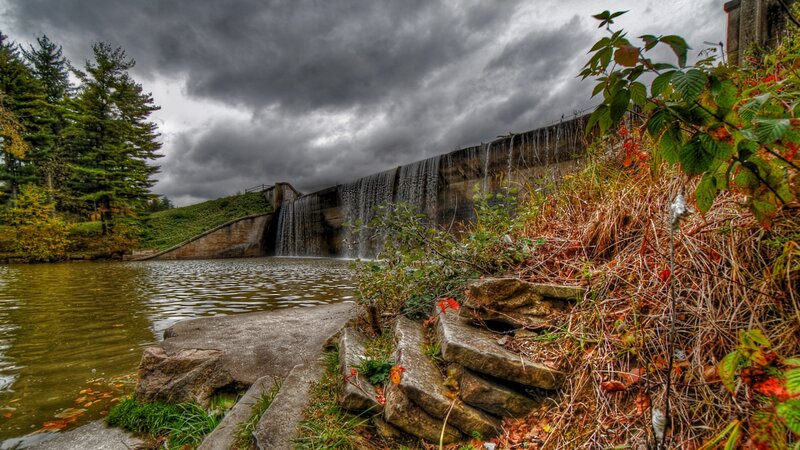 Dam with Waterfall — Green, Dramatic