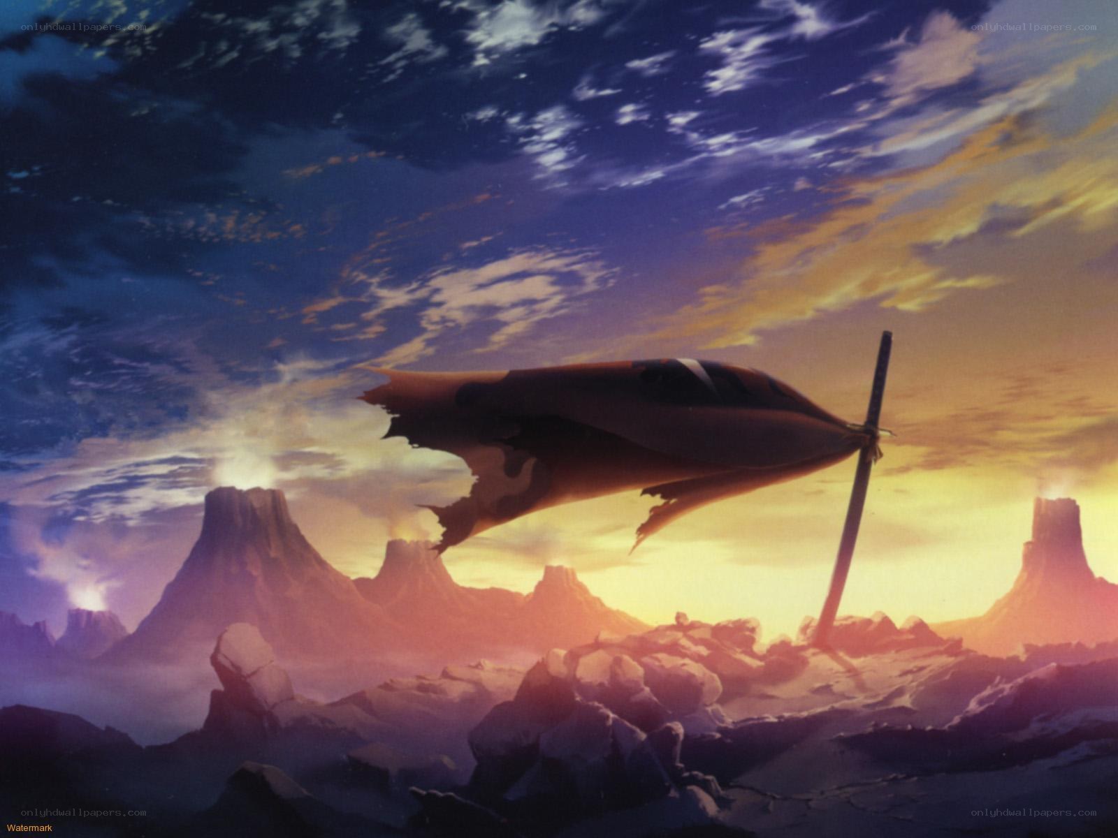 Damaged aircraft in alien landscape