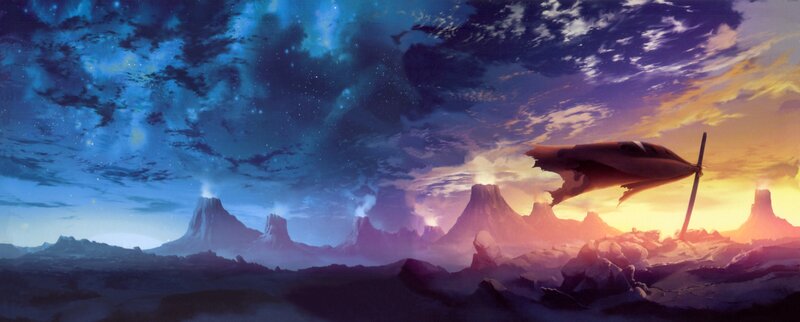 Damaged Aircraft over Alien Landscape — Blue