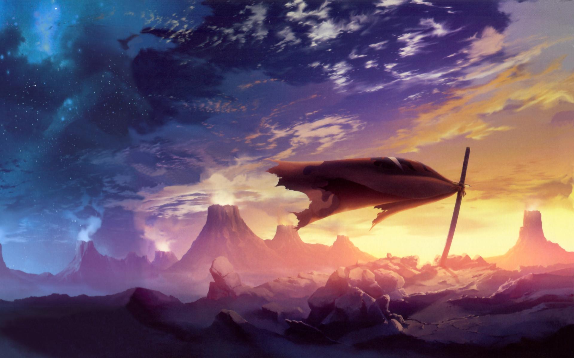 Damaged aircraft over alien landscape