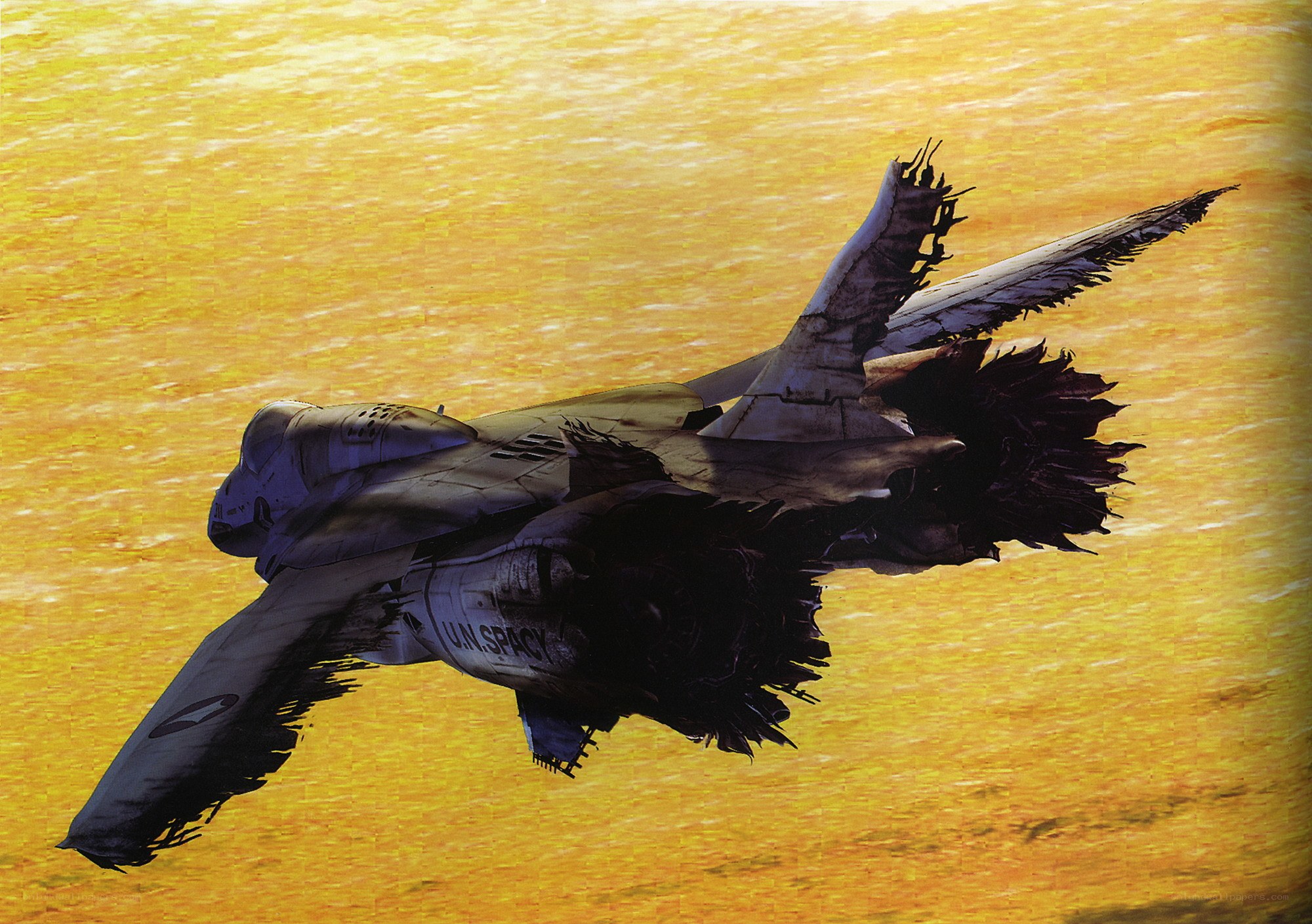 Damaged fighter jet in flight