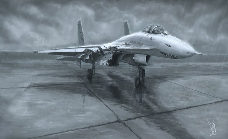 Damaged fighter jet in rain
