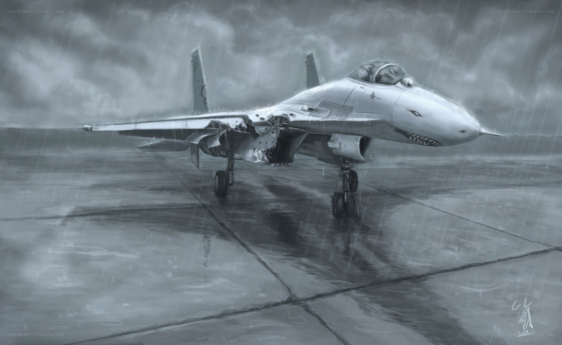 Damaged fighter jet in rain