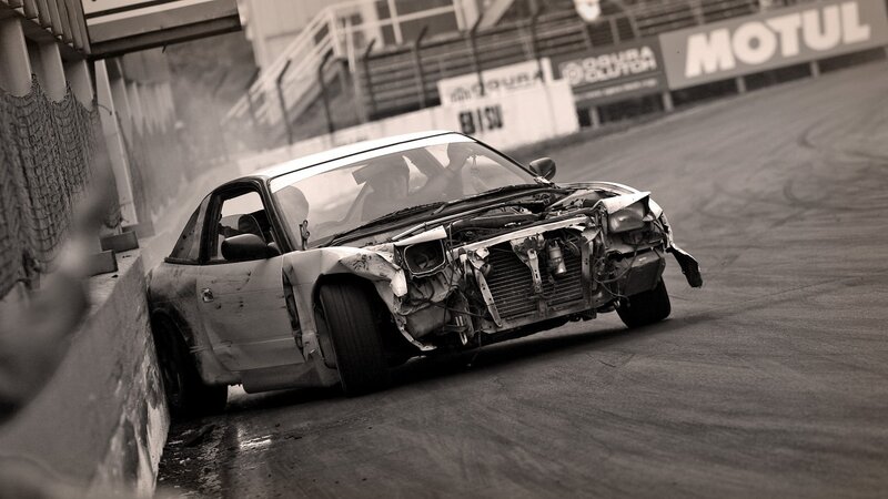 Damaged Race Car — Black, Dramatic