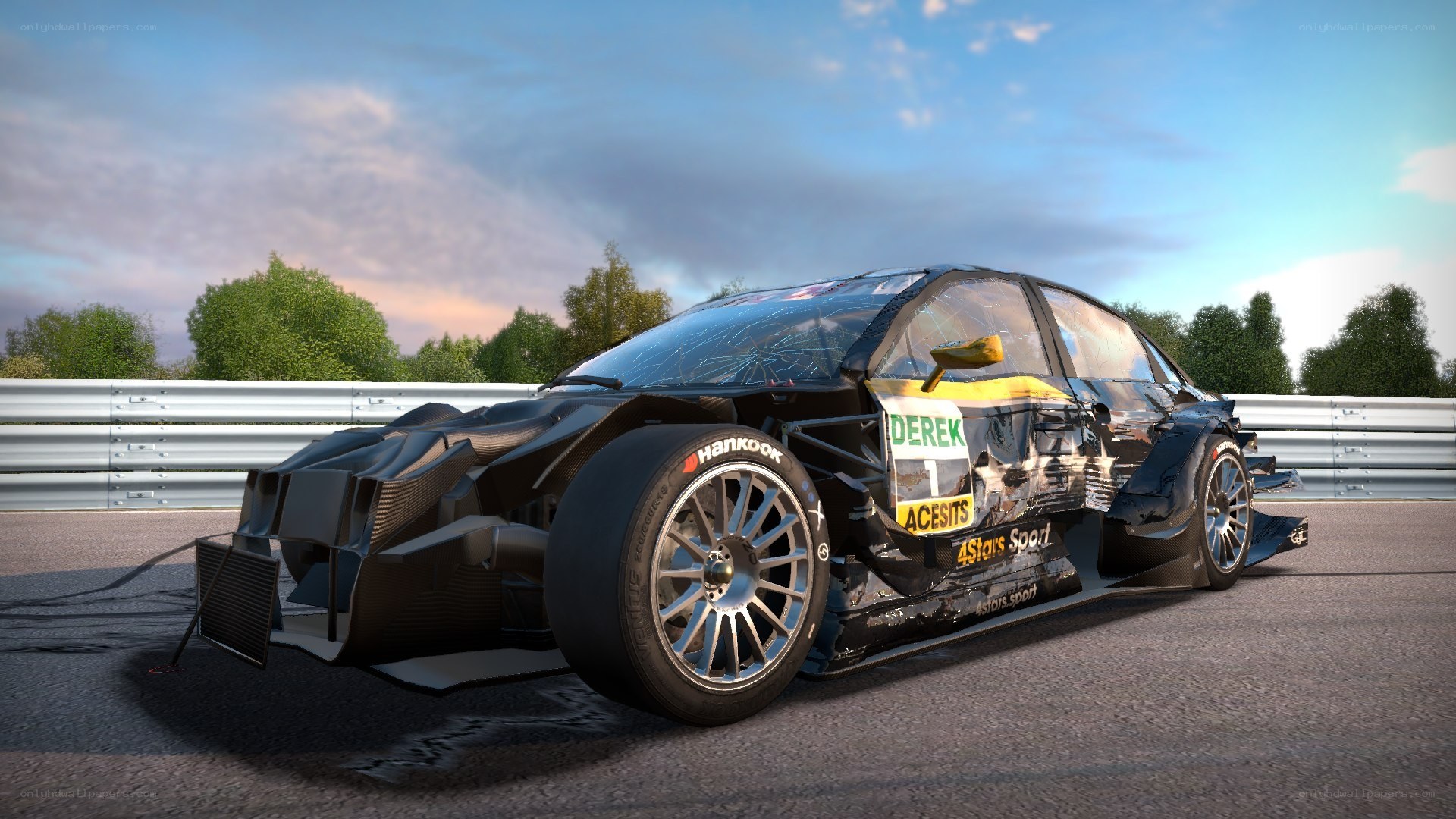 Damaged race car on track