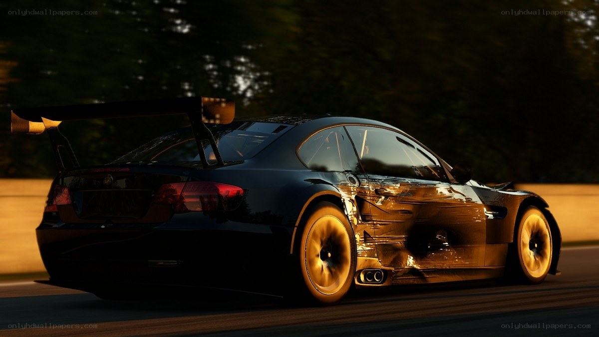 Damaged race car on track