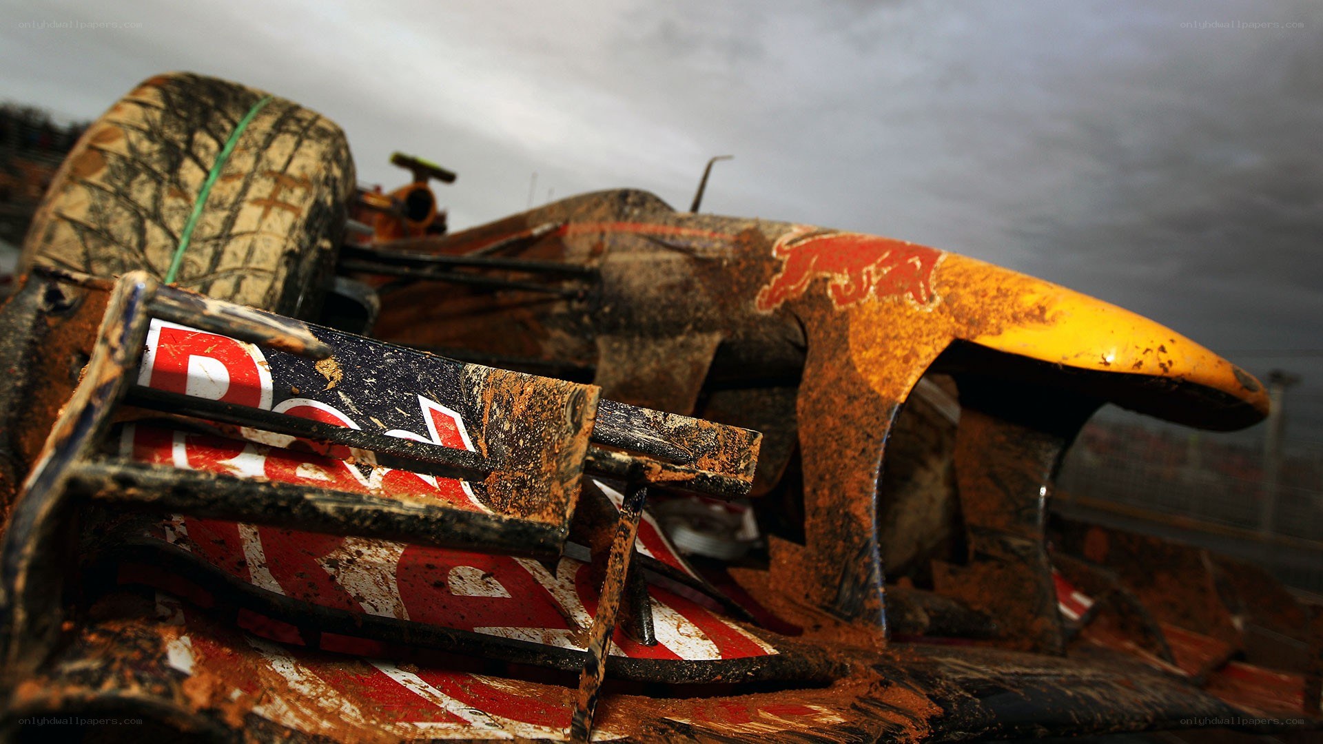 Damaged race car wreckage