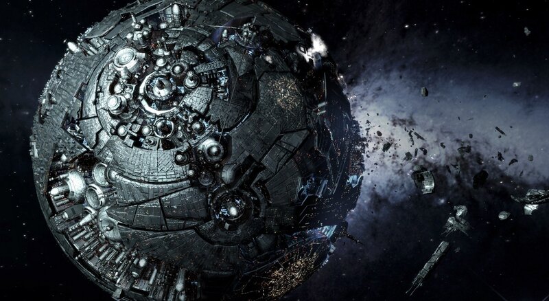 Damaged space station in debris