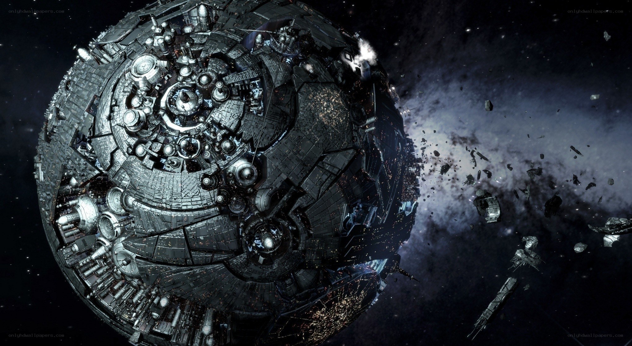 Damaged space station in debris