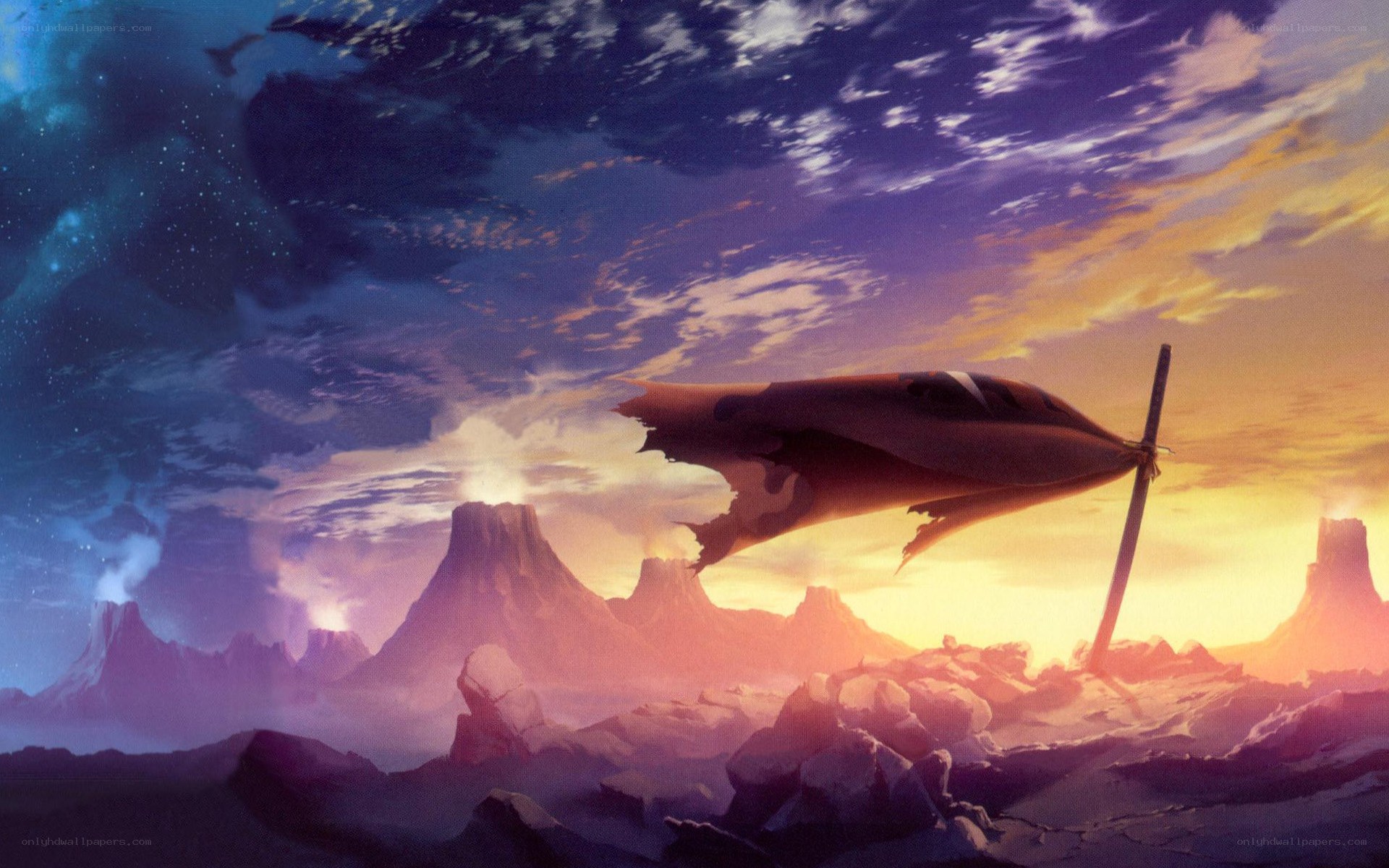 Damaged spacecraft on alien planet