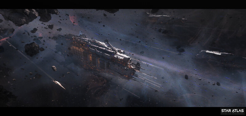 Damaged Spaceship in Asteroid Field