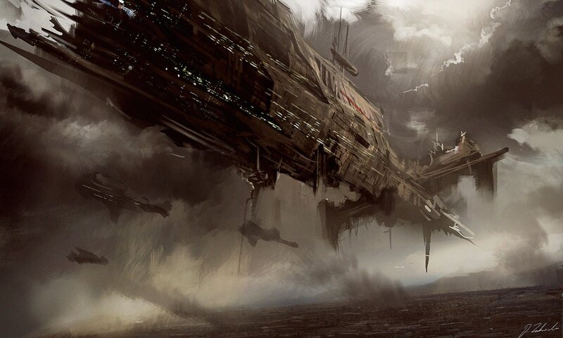 Damaged Spaceship in Clouds
