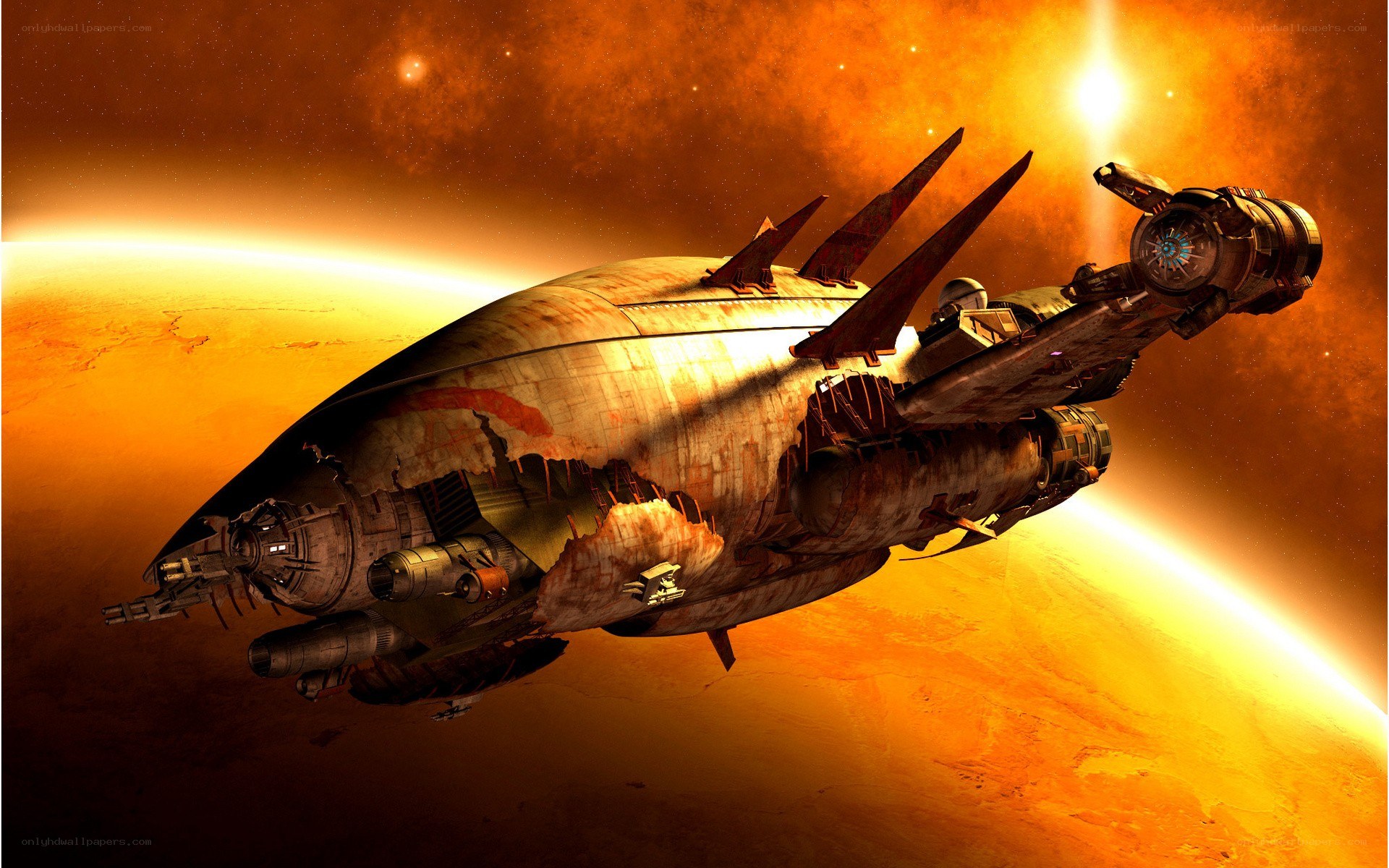 Damaged spaceship in orbit