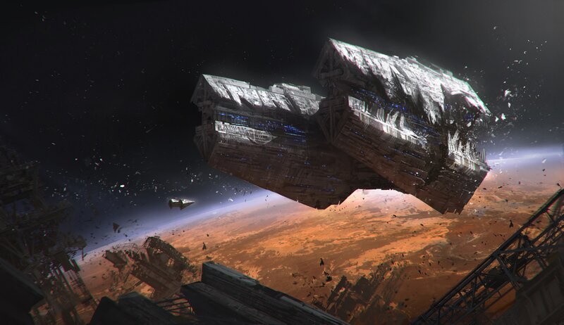 Damaged Spaceship in Orbit — Orange