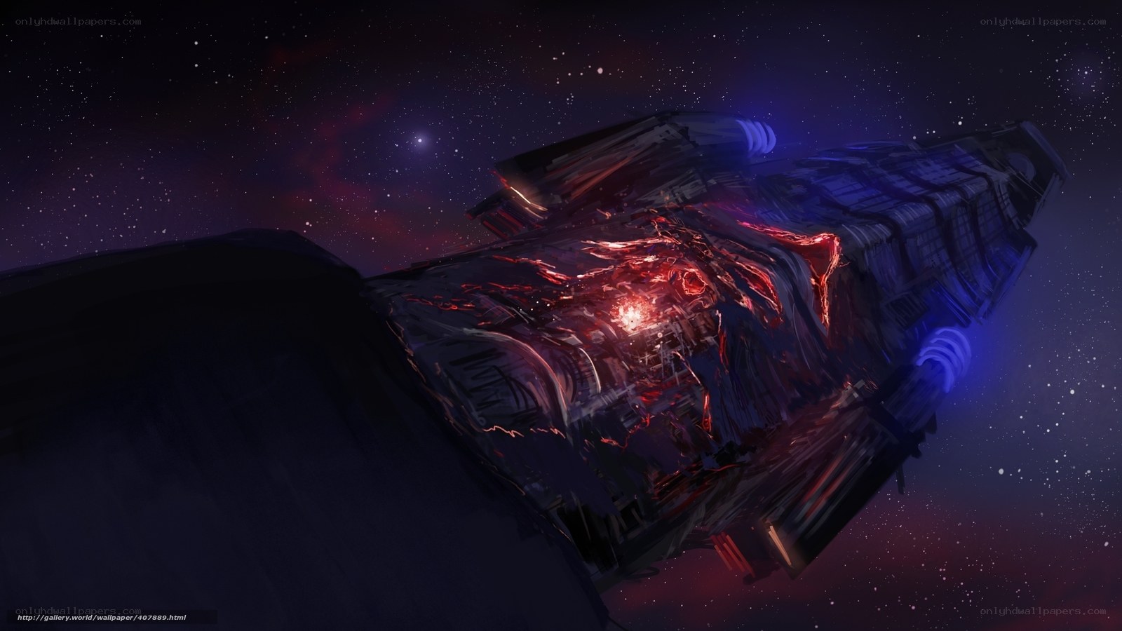 Damaged spaceship in space