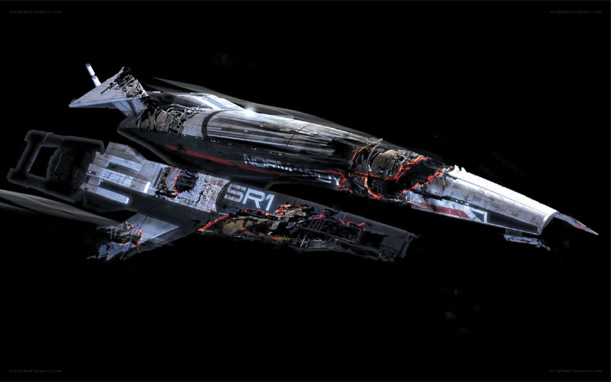 Damaged spaceship in space
