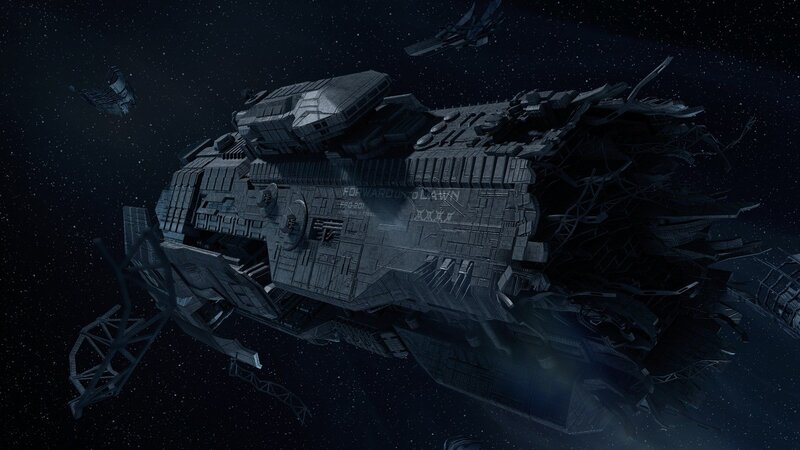 Damaged Spaceship in Space — Black, Dark, Dramatic