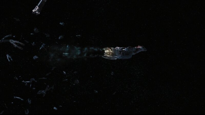 Damaged Spaceship in Space — Black, Dramatic, Night, 3d Render, Debris