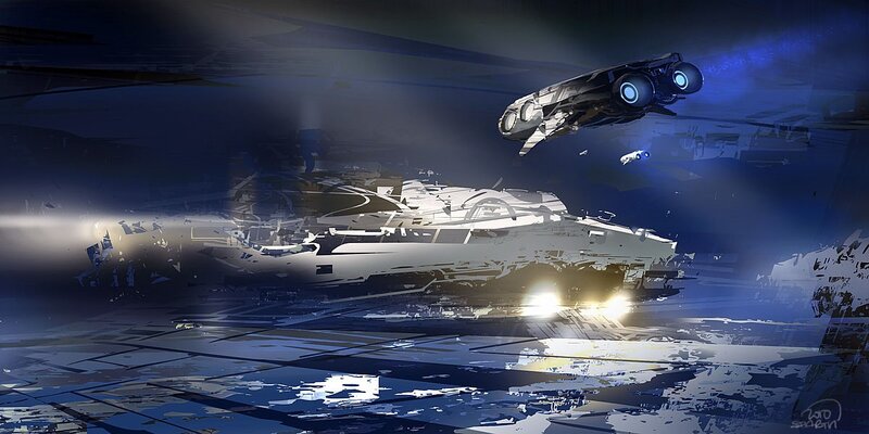 Damaged Spaceship in Space — Blue, Dramatic, Night, Digital Art, Debris