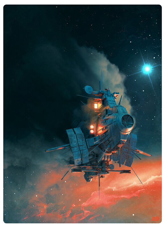 Damaged Spaceship in Space — Blue, Dramatic