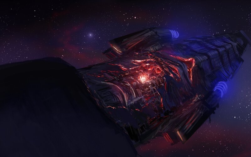 Damaged Spaceship in Space — Purple, Dramatic, Night
