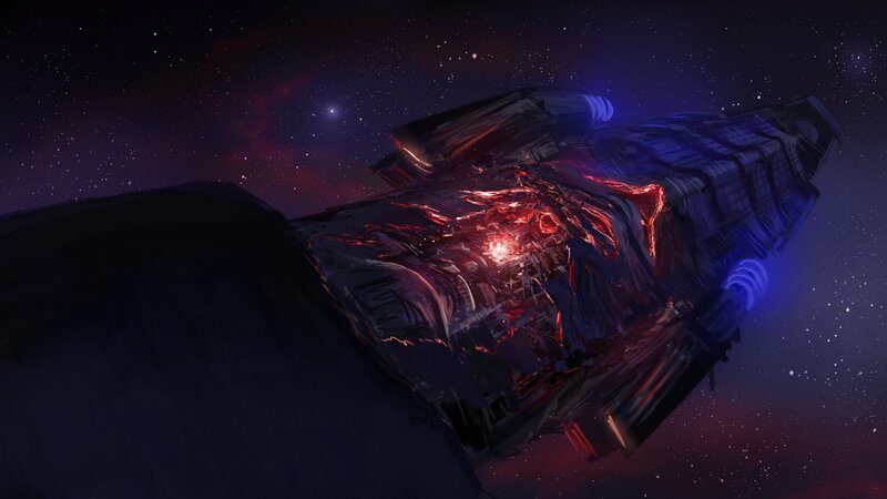 Damaged Spaceship in Space — Purple, Dramatic