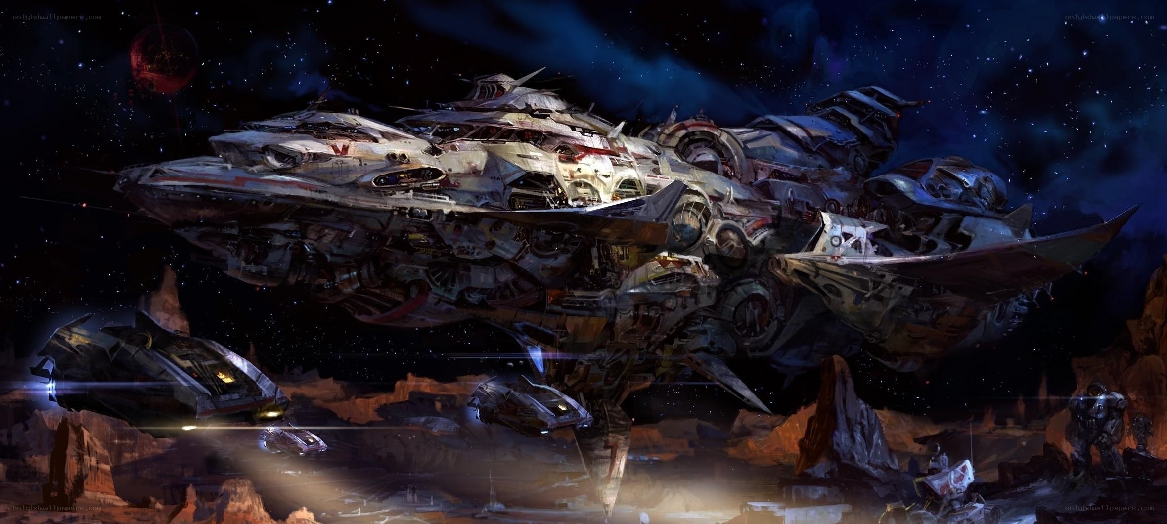 Damaged spaceship in space