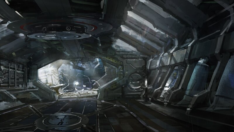 Damaged Spaceship Interior — Gray, Dramatic