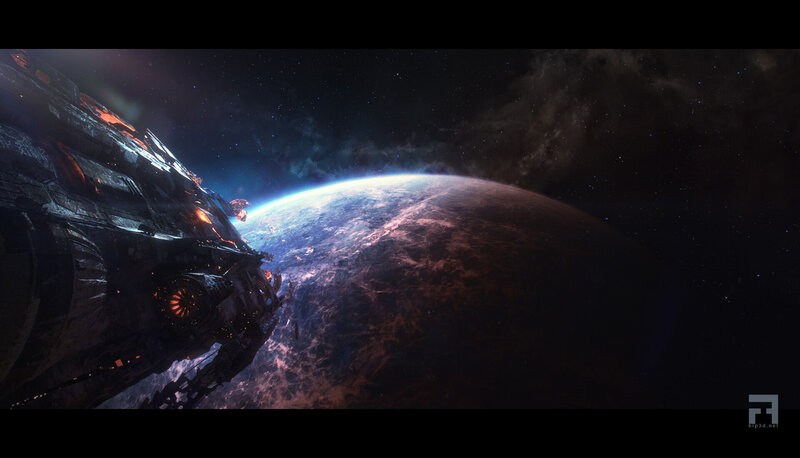 Damaged Spaceship Orbiting Planet