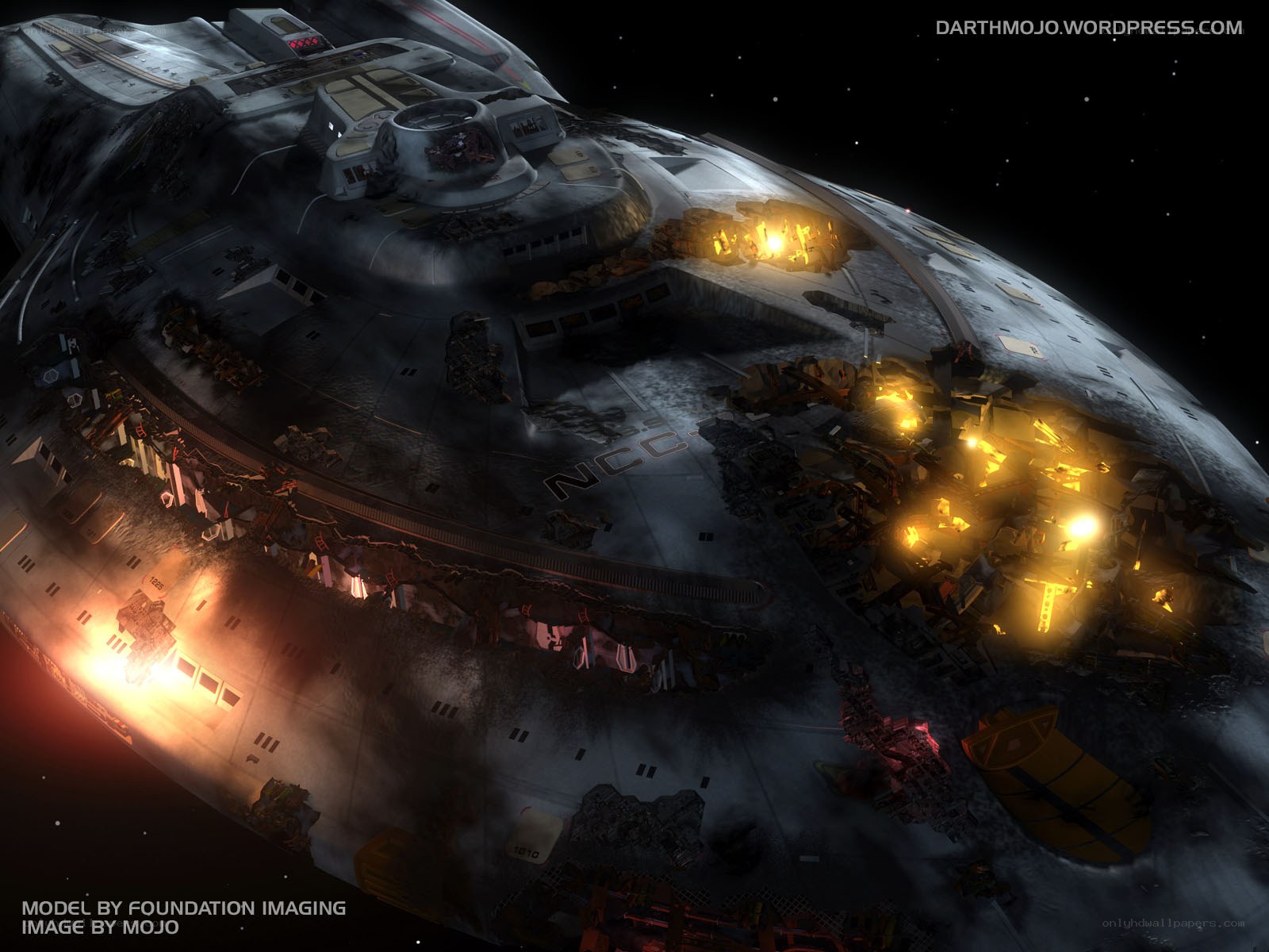Damaged starship in space