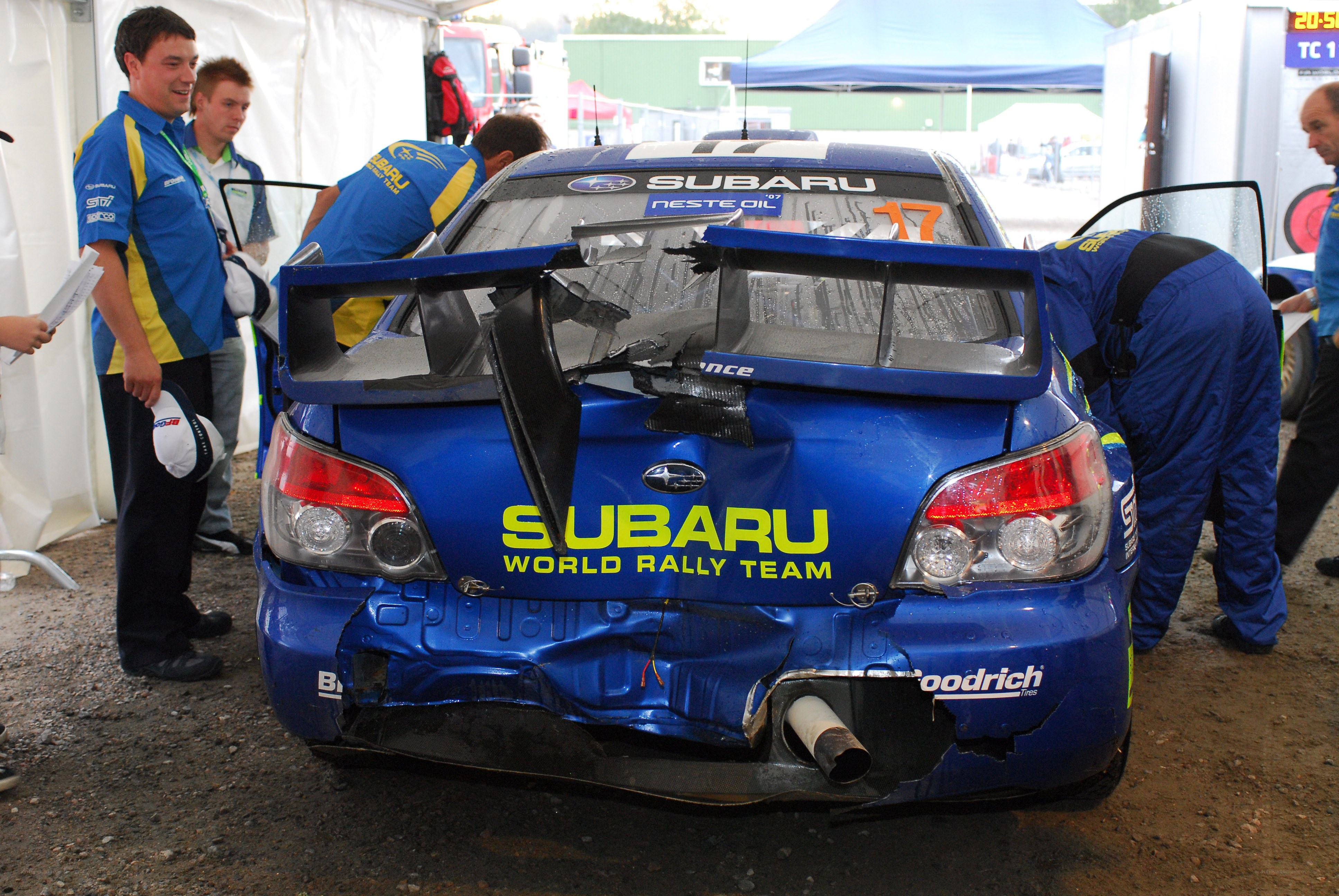 Damaged Subaru rally car