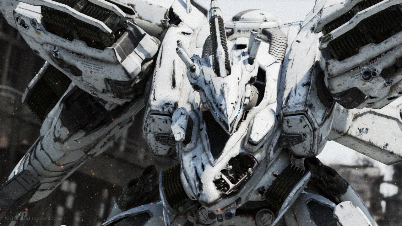 Damaged white mecha robot