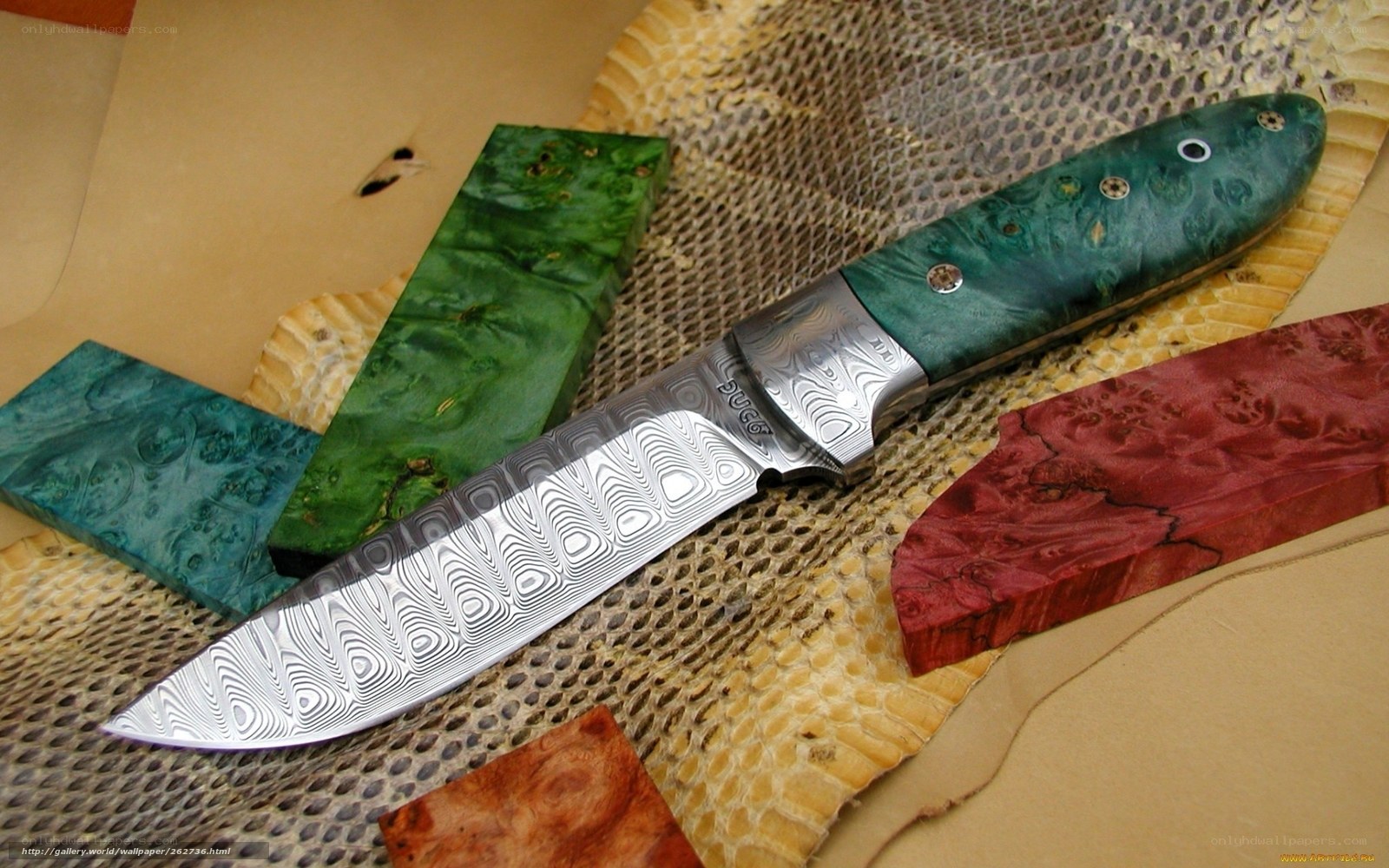 Damascus knife with wood handles
