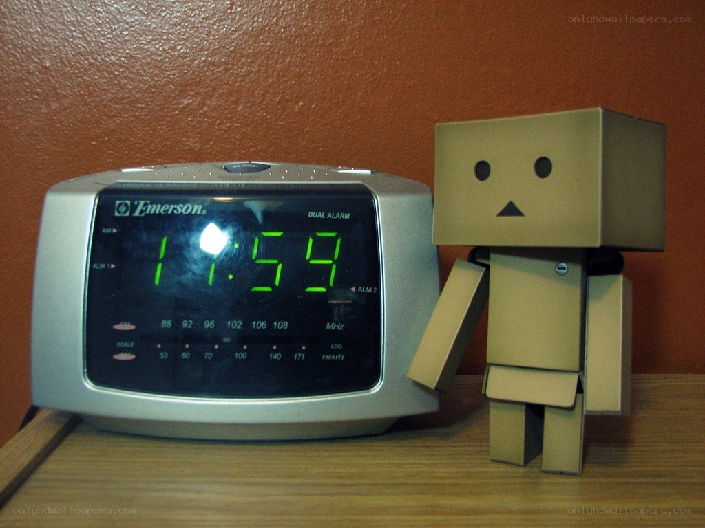 Danbo and clock on nightstand