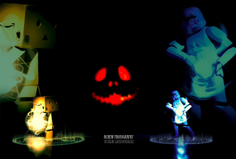 Danbo and stormtroopers in dark scene