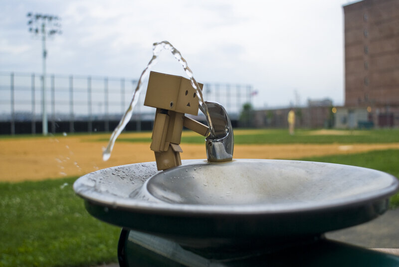 Danbo at a water fountain