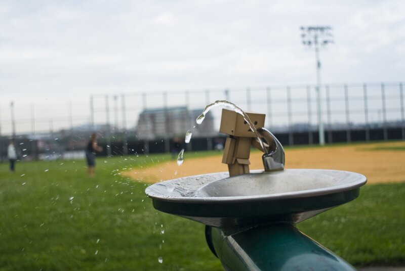 Danbo at a water fountain
