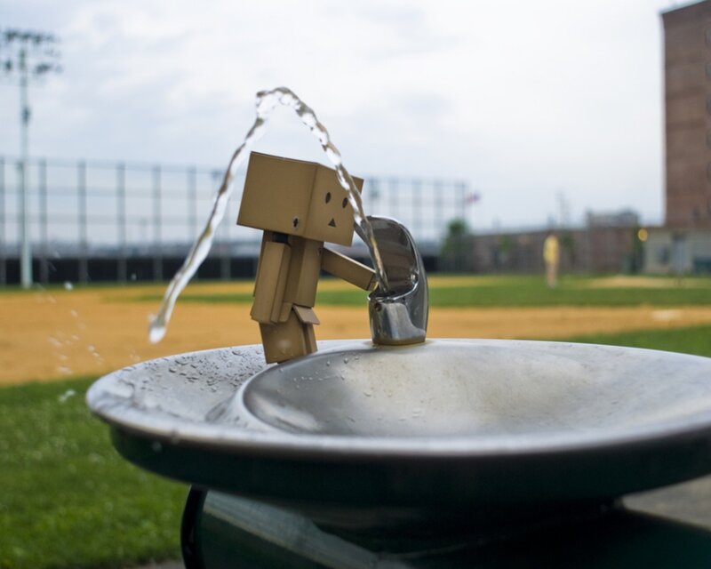 Danbo at a water fountain