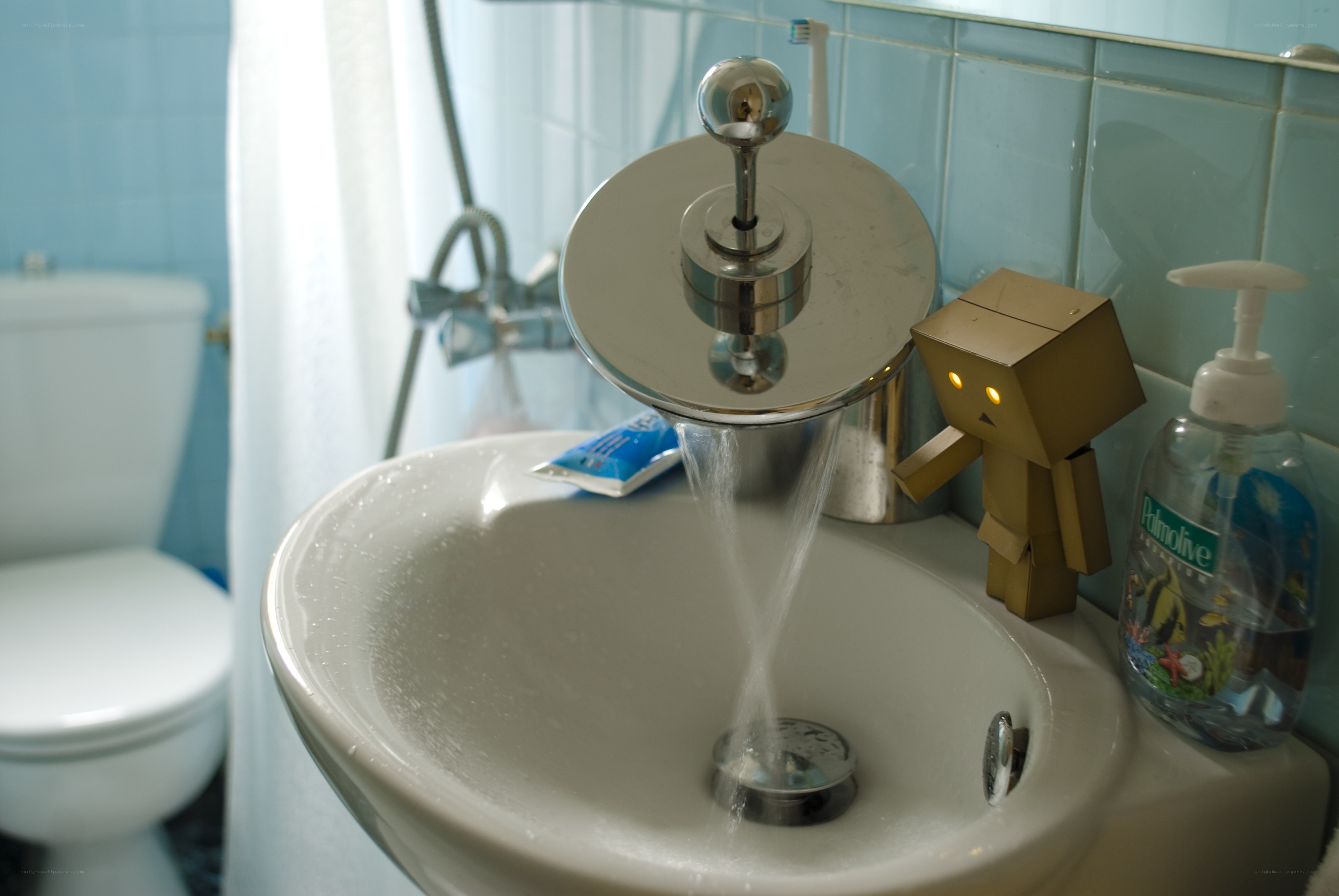 Danbo figure by bathroom sink