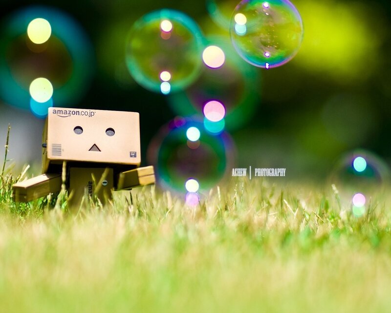Danbo Figure in Grass — Green, Playful, Afternoon, Photograph