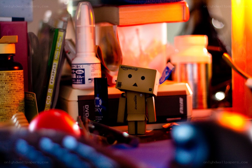 Danbo figure on a cluttered desk