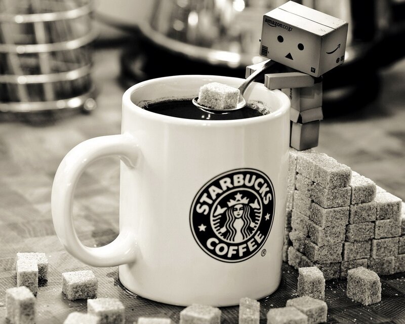 Danbo Figure with Coffee — Black, Calm, Photograph