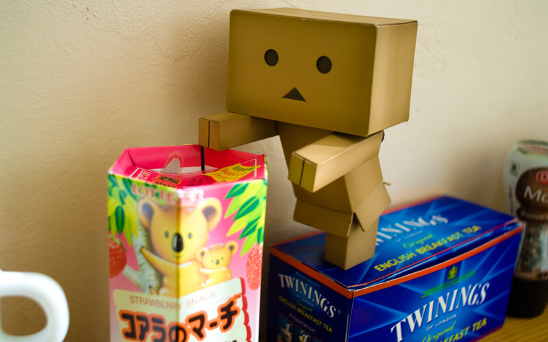 Danbo figure with tea boxes