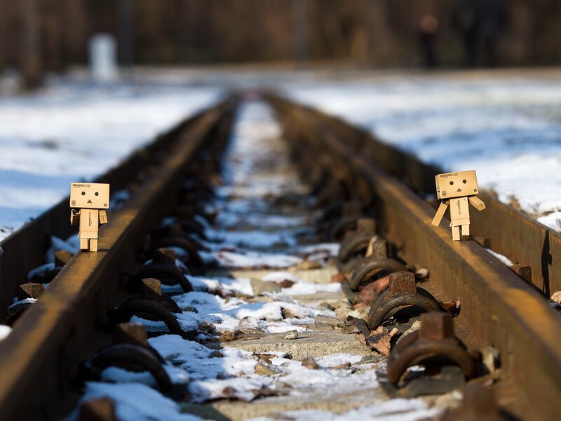 Danbo figures on train tracks