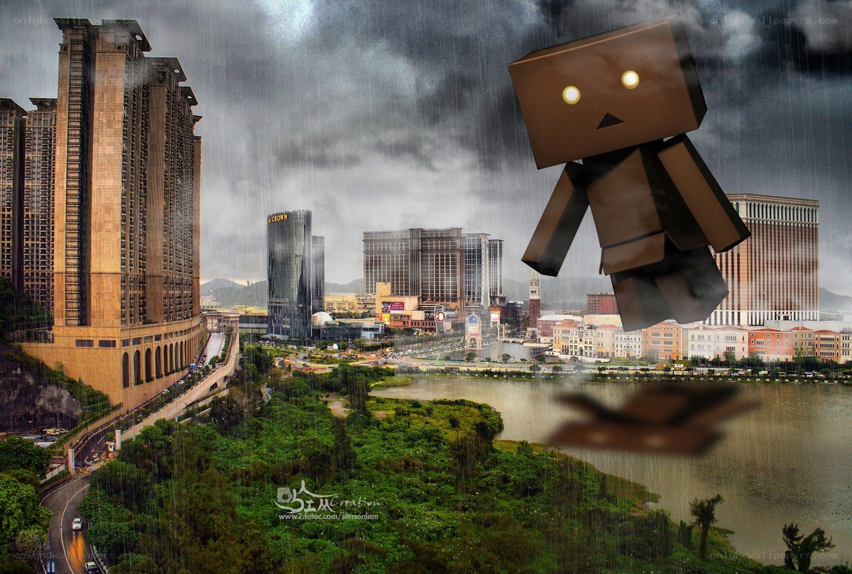 Danbo in a rainy city