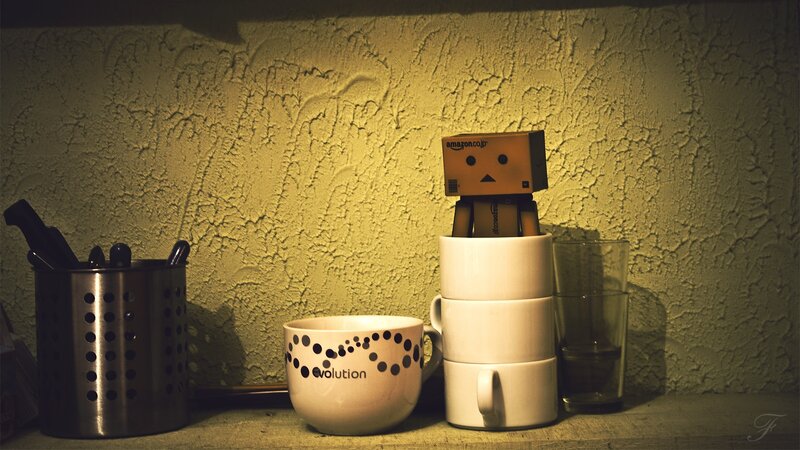 Danbo on a kitchen shelf