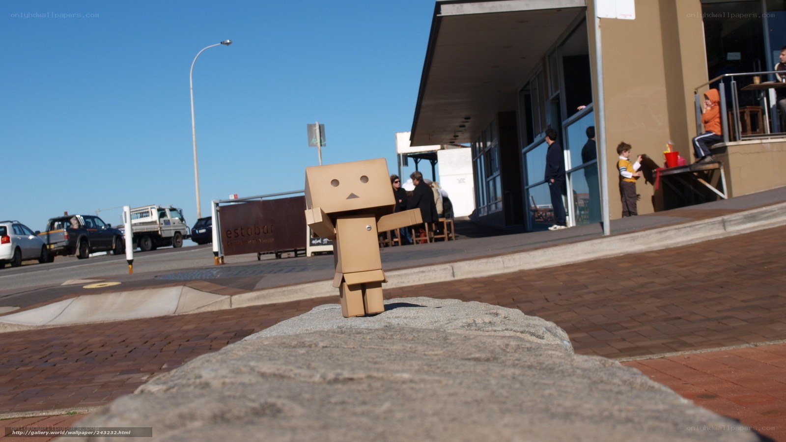 Danbo on a stone by the sea
